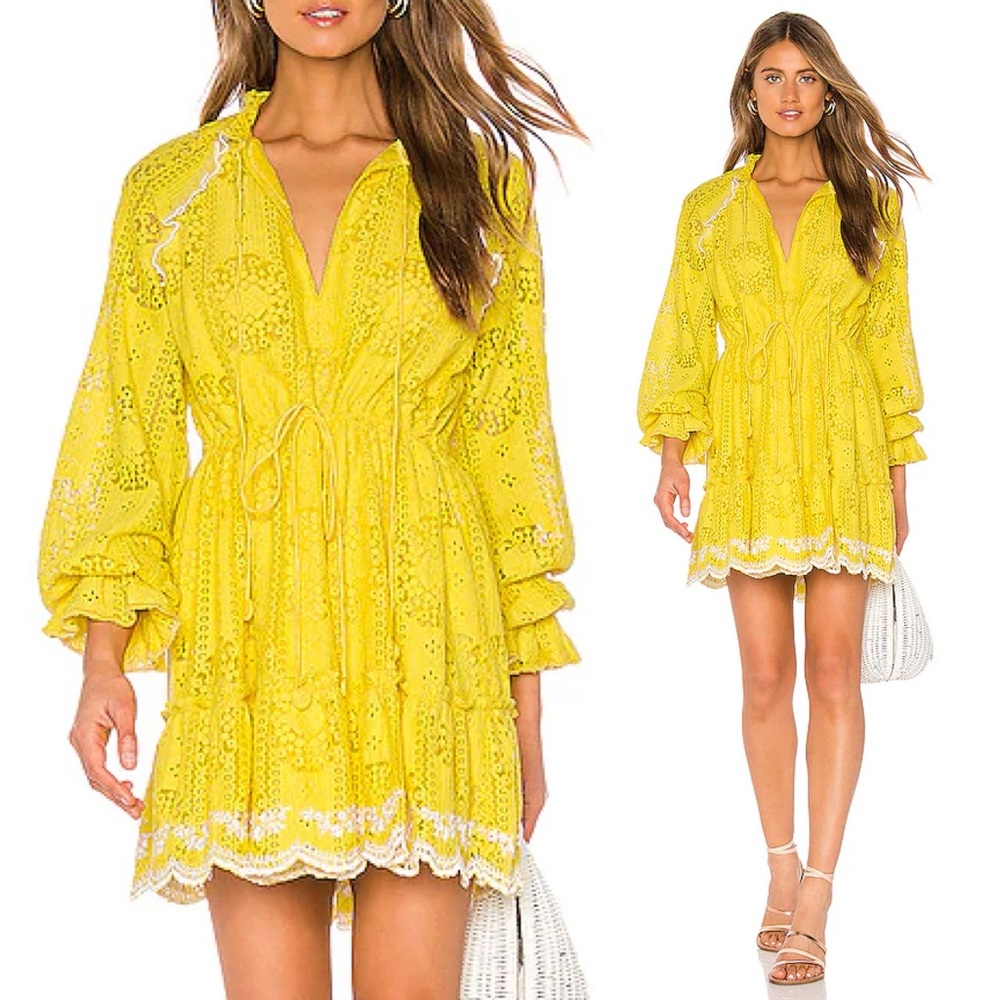 Hemant & Nandita Sol Mini Dress Butter Lemon Yellow Lace Tiered Babydoll XS $495